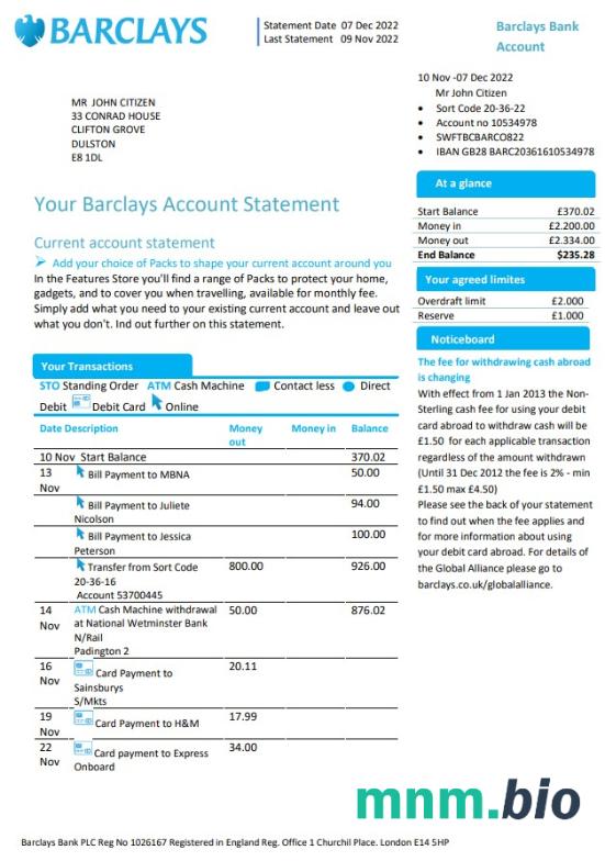 United Kingdom Barclays konto St version 1